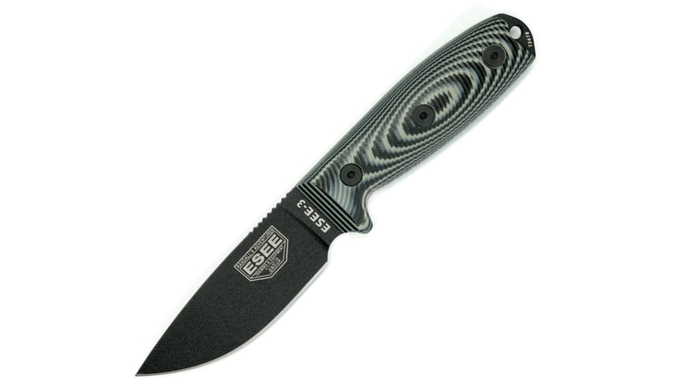 Esee Model 3 3D Fixed Blade Black Knife, 3.88 black powder coated 1095HC steel blade, Black and gray 3D machined G10 handle, ESEE3PMB002