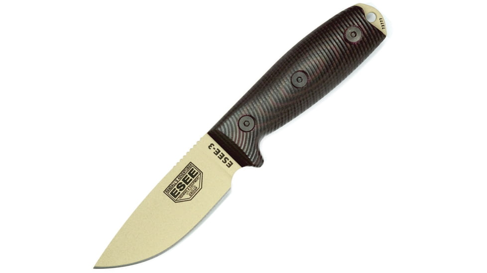 Esee Model 3 3D Fixed Blade Desert Knife, 3.88 desert tan powder coated 1095HC steel blade, Black and red 3D machined G10 handle, 3PMDT-004