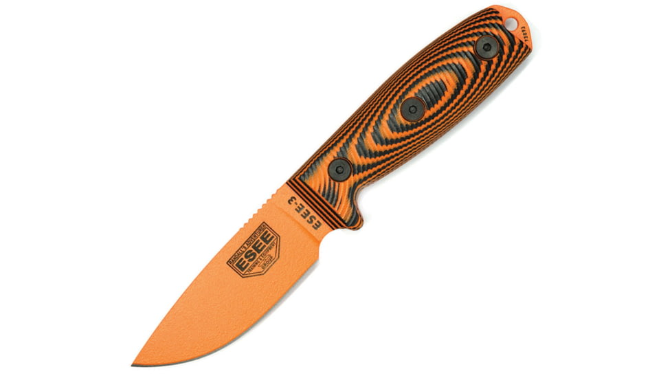 Esee Model 3 3D Fixed Blade Knife, 3.88 orange powder coated 1095HC steel blade, Orange and black 3D machined G10 handle, 3PMOR-006