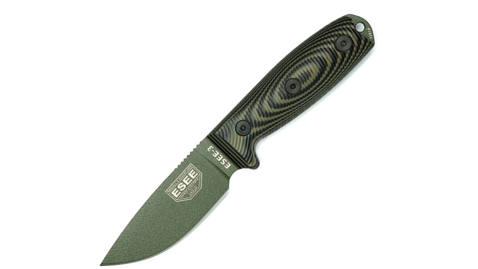 Esee Model 3 3D Fixed Blade OD Knife, 3.88 OD green powder coated 1095HC steel blade, Black and OD green 3D machined G10 handle, 3PMOD-003