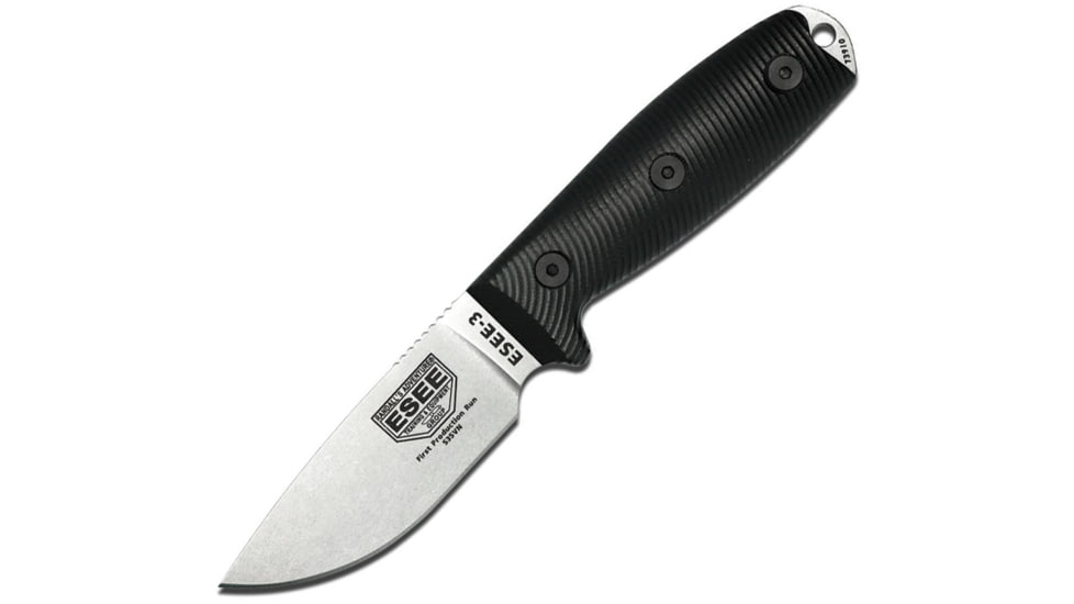 Esee Model 3 3D Fixed Blade S35 Knife, 3.88 stonewash finish S35VN stainless blade, Black 3D machined G10 handle, 3PM35V-001