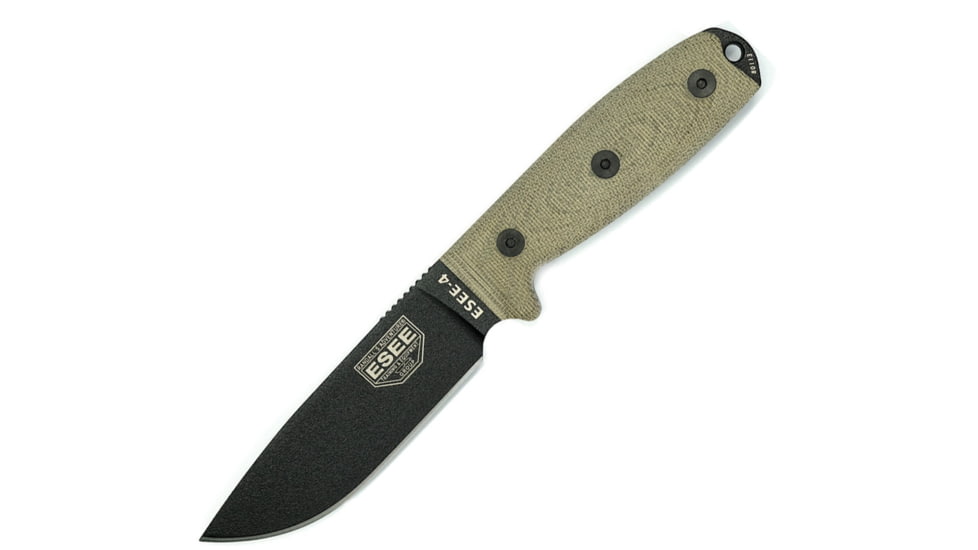 Esee Model 4 3D Fixed Blade Canvas Knife, 4.5 black powder coated 1095HC steel blade, Green canvas micarta handle, 4PB-017