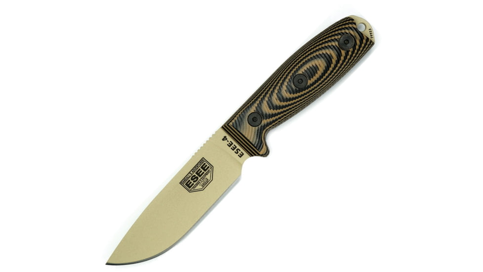 Esee Model 4 3D Fixed Blade Tan Knife, 4.5 desert tan powder coated 1095HC steel blade, Black and coyote brown 3D machined G10 handle, 4PDT-005