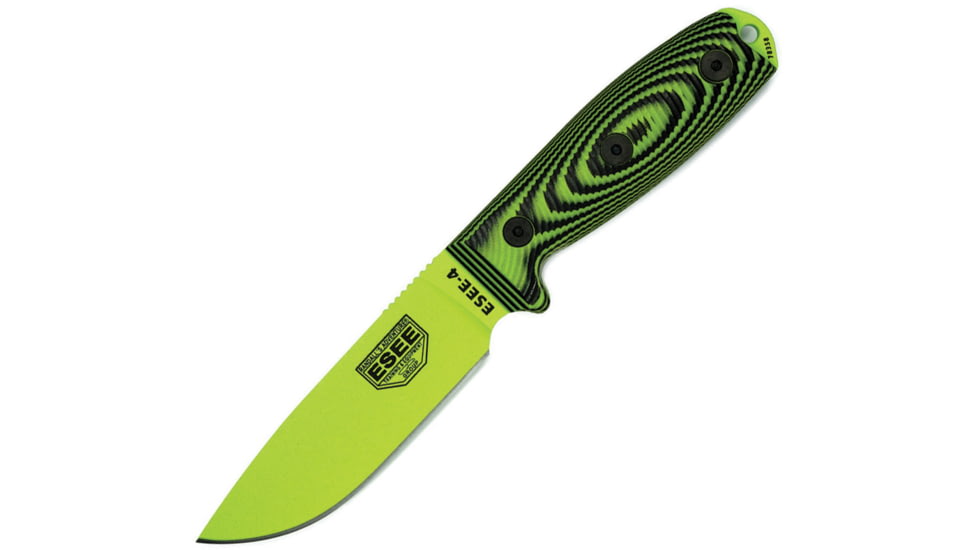 Esee Model 4 3D Fixed Blade Venom Knife, 4.5 green powder coated 1095HC steel blade, Black and green 3D machined G10 handle, 4PVG-007