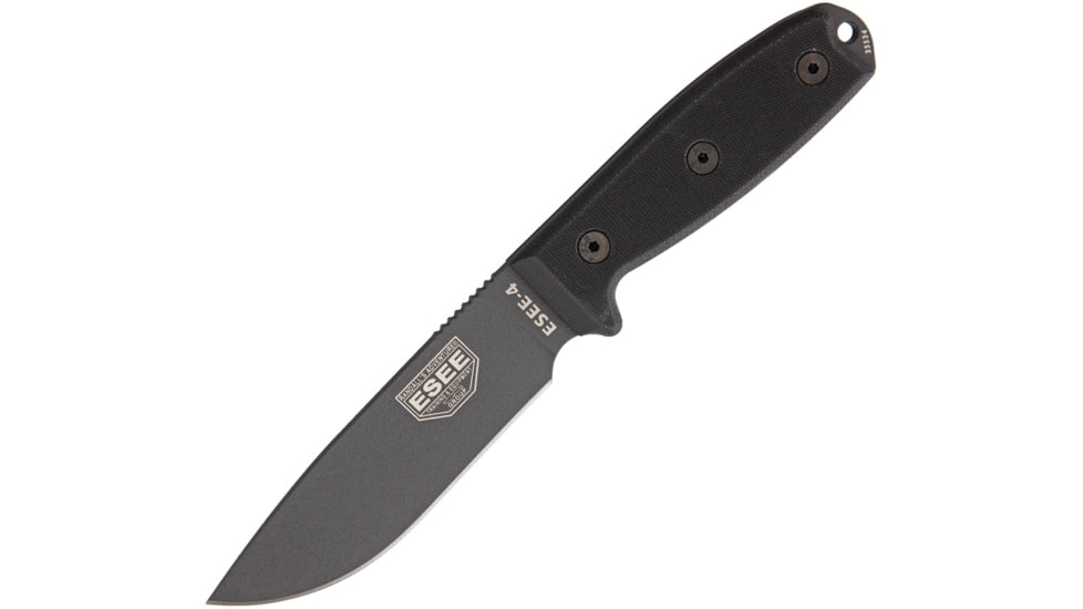 Esee Model 4 Gunsmoke Knife, 9in Overall, 4.5in Powder Coated 1095Hc Steel Blade, Black G10 Handle, Gunsmoke Blade, Black Molded Plastic Sheath With Clip Plate Attachment, ESEE-4P-TG-B