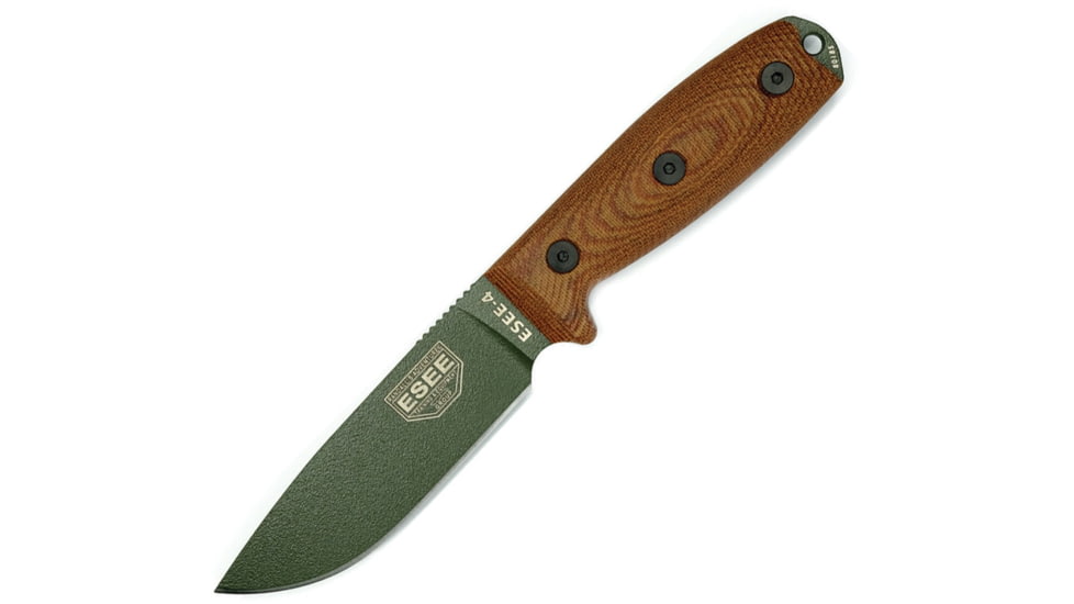 Esee Model 4 OD Green Blade Natural Knife, 4.5 OD green powder coated 1095HC steel blade, Natural canvas micarta handle, 4POD-011