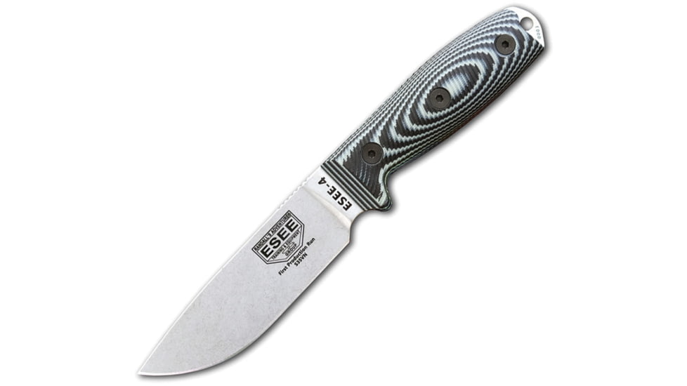 Esee Model 4 S35VN Gray G10 Knife, 4.5 stonewash finish S35VN stainless drop point b, Black and gray sculpted G10 handle, ESEE-4PS35VNO2