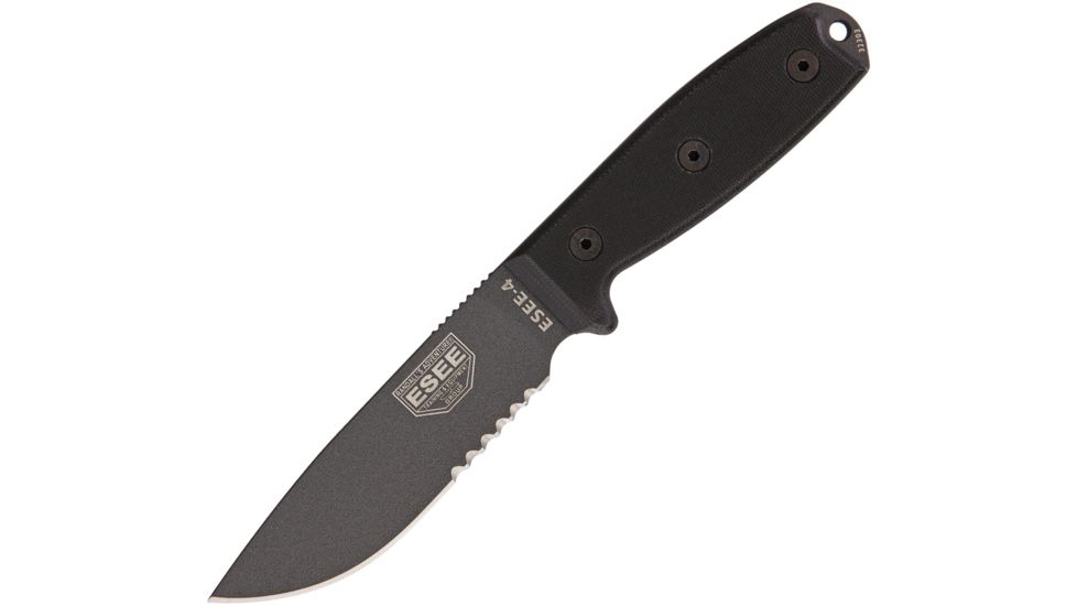 Esee Model 4 Serrated Tactical Fixed Blade Knife, 9in, 4.5in, 1095 Carbon Steel, Partially Serrated, Black, Handle ES4STGB