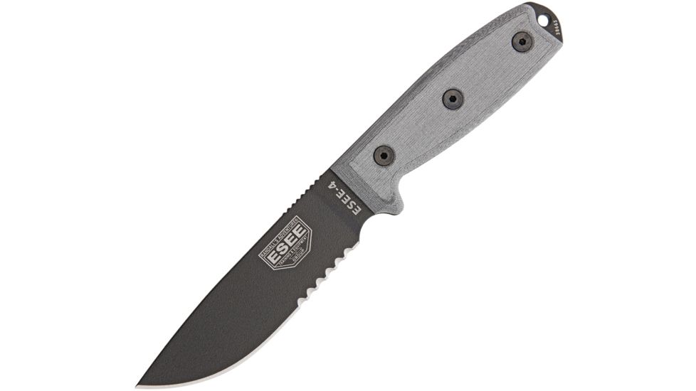 Esee Model 4 Stainless Serrated Fixed Blade Knife, 9in, 4.5in, 440C Steel, Partially Serrated, Drop Point, Black, Linen Micarta Handle, Black Molle Sheath, ESEE-4S-MB-B