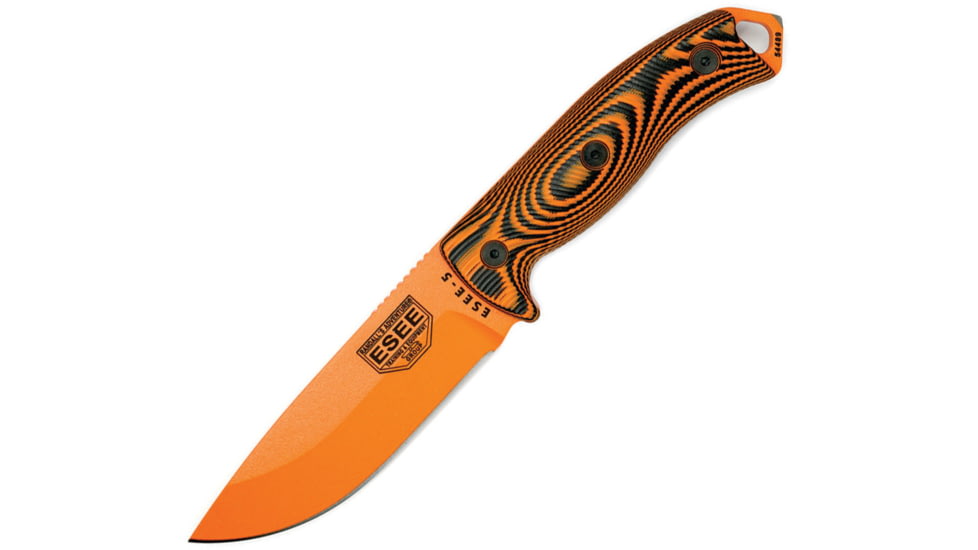 Esee Model 5 Fixed Blade Orange Knife, 5.25 orange powder coated 1095HC steel blade, Black and orange 3D machined G10 handle, 5POR-006