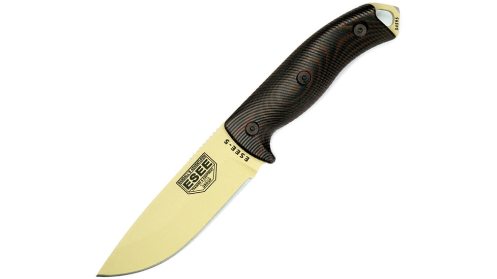 Esee Model 5 Fixed Blade Tan Knife, 5.25 desert tan powder coated 1095HC steel blade, Black and red 3D machined G10 handle, 5PDT-004