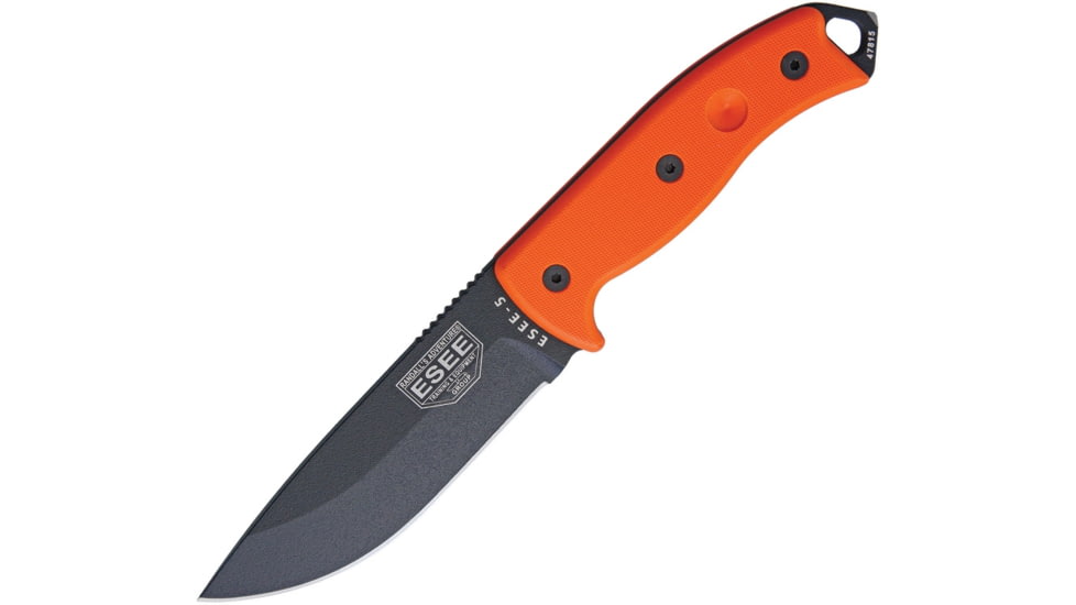 Esee Model 5 Fixed Knife, Sheath, 5.25in, Black Carbon/Powder Coat Stainless, Orange G10 Handle ES5POR