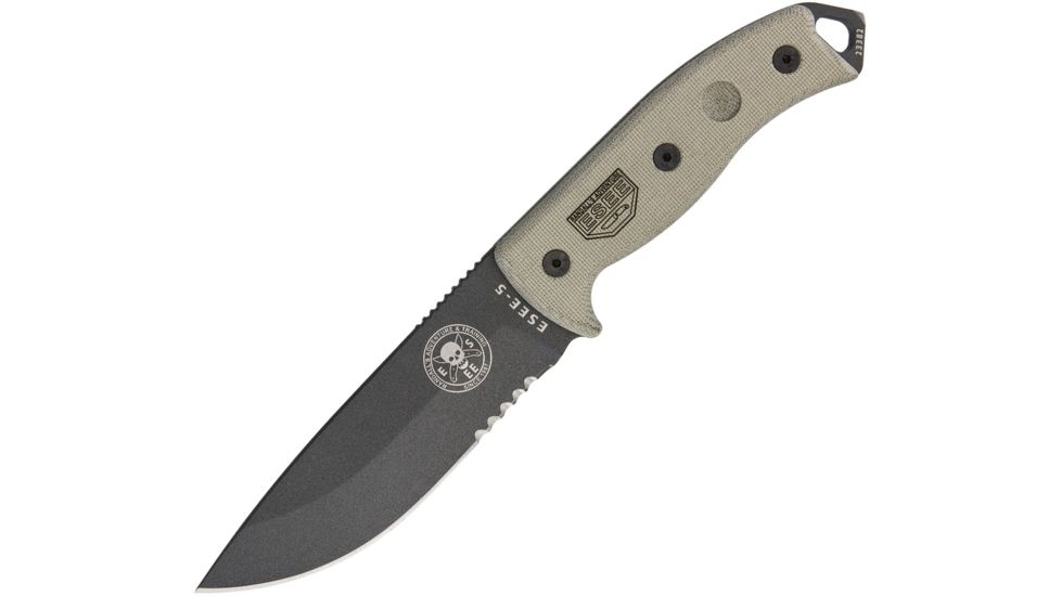 Esee Model 5 Serrated Tactical Fixed Blade Knife, 5.25in, 1095 Carbon Steel, Partially Serrated, Canvas Micarta Handle ES5STG