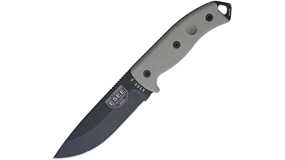 Esee Model 5 Survival Fixed Blade Knife, Sheath, 5.25in, Black Powder Coat Stainless, OD Green Canvas Micarta Handle RC5PBK