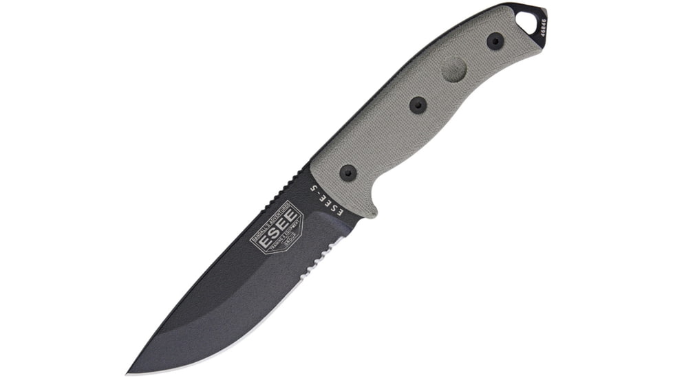 Esee Model 5 Survival Fixed Knife, Sheath, 5.25in, Serrated Black Powder Blade, OD Green Canvas Micarta Handle,Pommel RC5SBK