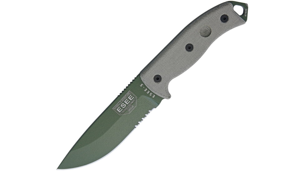 Esee Model 5 Survival Fixed Knife, Sheath, 5.25in, Serrated,OD Green Blade,OD Green Micarta Handle,Pommel RC5SOD