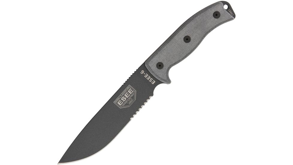 Esee Model 6 Serrated Tactical Fixed Blade Knife, 5.75in, 1095 Carbon Steel, Partially Serrated, Linen Micarta Handle ES6STG