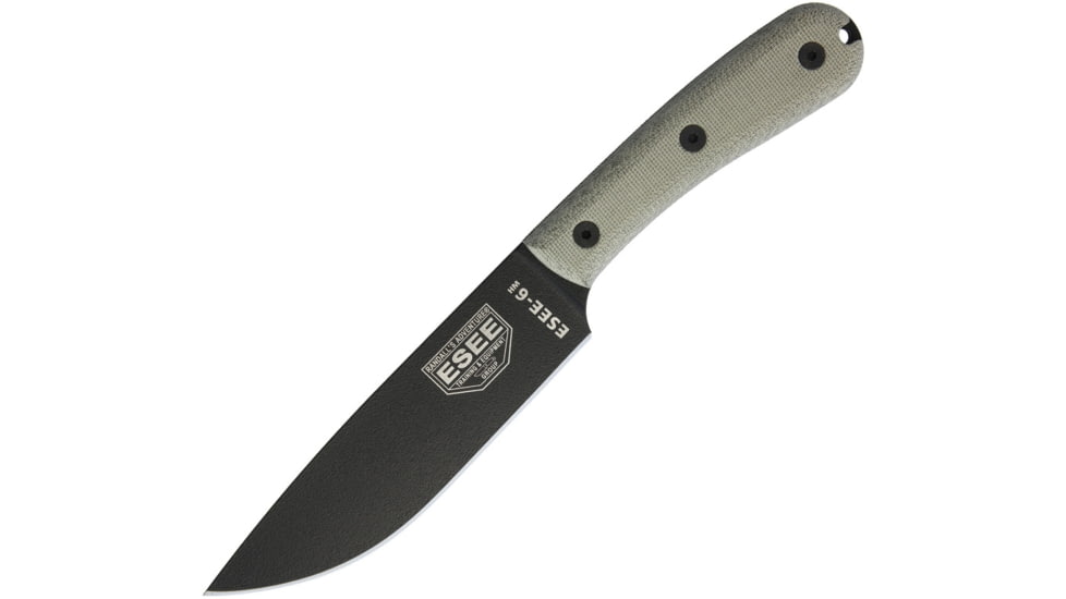 Esee Model 6 Traditional Knife, 11.75in Overall, 5.75in Black Powder Coated 1095Hc Steel Drop Point, Green Canvas Micarta Handle, Black Kydex Sheath, ESEE-6HM-K