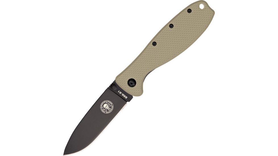 Esee Zancudo Framelock Tan/Blk D2 Folding Knife,3in,D2 Tool Steel,Standard Edge,Black EDP Coated,Desert Tan,GRN Handle BRKR2DTB