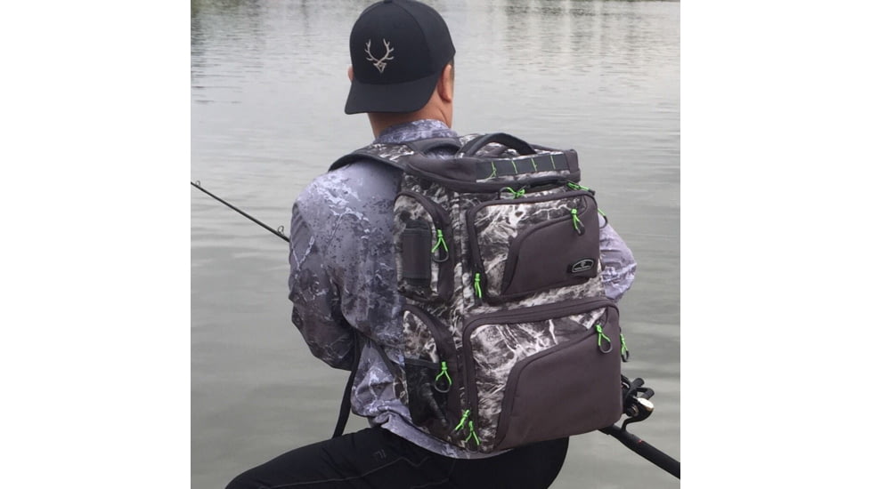 Evolution Outdoor Large Mouth Double Decker Tackle Backpack, Mossy Oak Elements / Grey / White / Green, 18in x 16in x 7.5in, 34002-EV
