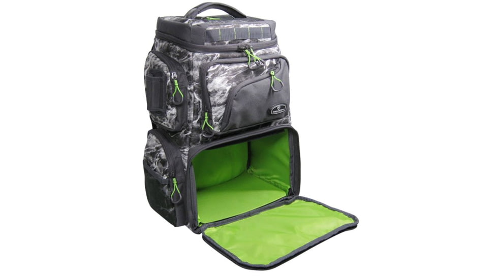 Evolution Outdoor Large Mouth Double Decker Tackle Backpack, Mossy Oak Elements / Grey / White / Green, 18in x 16in x 7.5in, 34002-EV