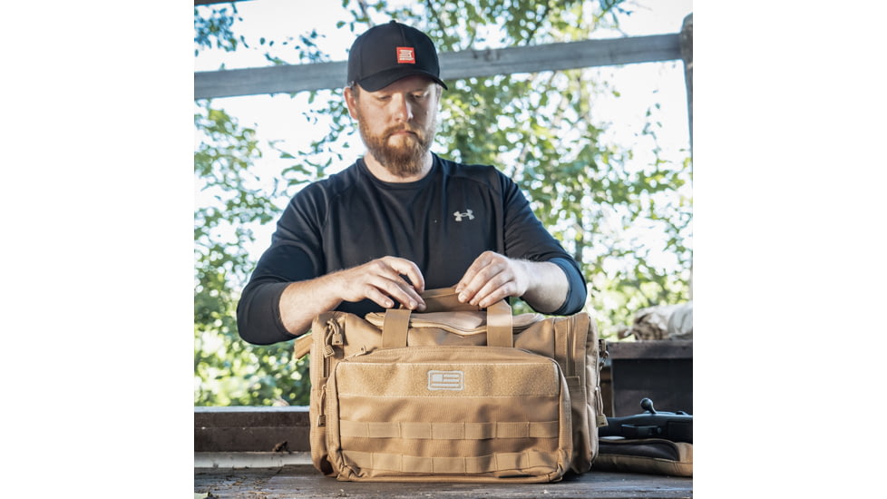 Evolution Outdoor Range Bag, Polyester, MOLLE Webbing, Hook and Loop Panel, Large Main Compartment with Multiple Exterior Zipper Compartments, Coyote