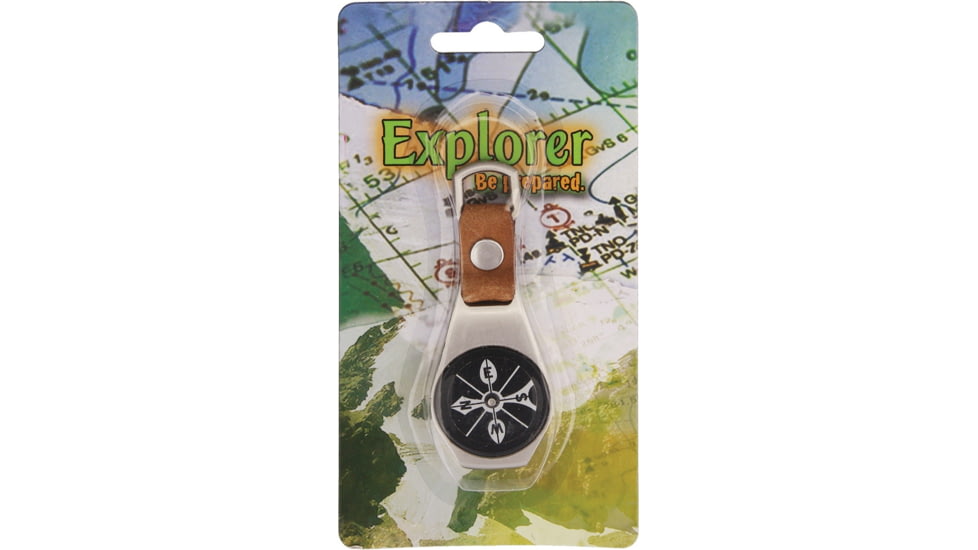 Explorer Keyring Compass, 3 1/4in Overall, SS Construction, Black Face, Brown Leather Fob With SS Ring Which Can Be Attached To Keyring, K30T2