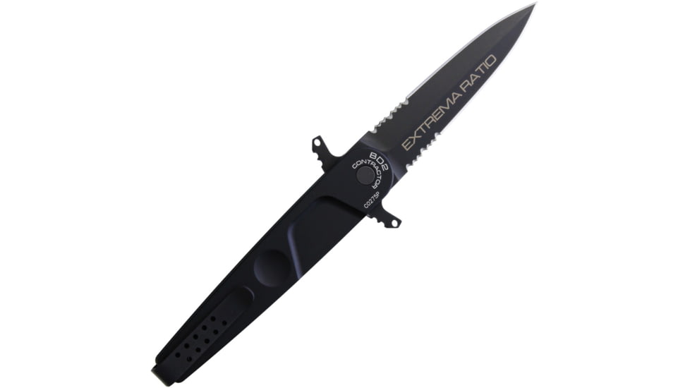 Extrema Ratio BD2 Contractor Linerlock Black Folding Knife, 3.75 black MIL-C-13924 burnished partially serrat, Black anodized aluminum handle, 0229BLK