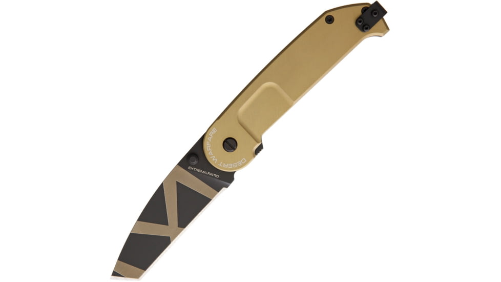 Extrema Ratio BF2 CT Desert Warfare Folding Knife, 3.25in N690 SS Tanto Blade, Desert Tan Anodized Aluminum Handle, Pocket Clip, Desert Warfare Laser Engraved Blade, Desert tan, 0146/DW