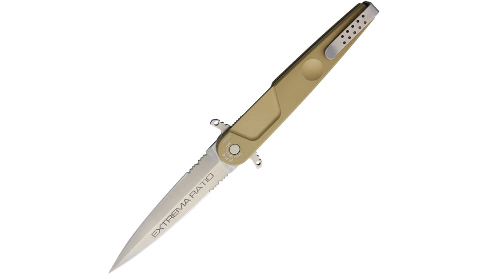 Extrema Ratio BF4 Contractor Linerlock Folding Knife, 4.75in Stonewash Partially Serrated N690 SS Dagger Blade, Desert Tan Anodized Aluminum Handle, Double Edge Blade, Desert tan, 04.1000.0498/DW
