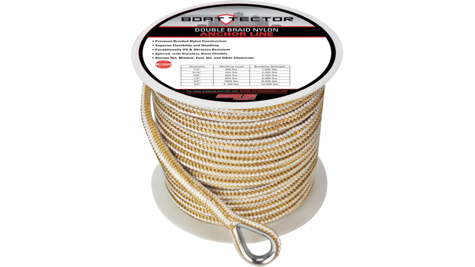 Extreme Max 3006.2261 Boattector Premium Double Braid Nylon Anchor Line With Thimble - 1/2in, White &amp; Gold, 3006.2261