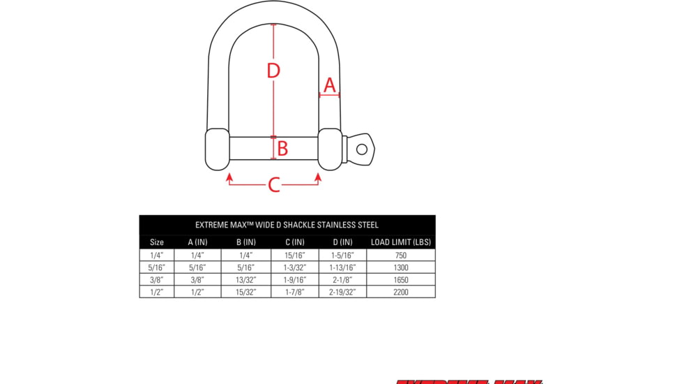 Extreme Max Boattector Stainless Steel Wide D Shackle, 5/16in, 3006.8228