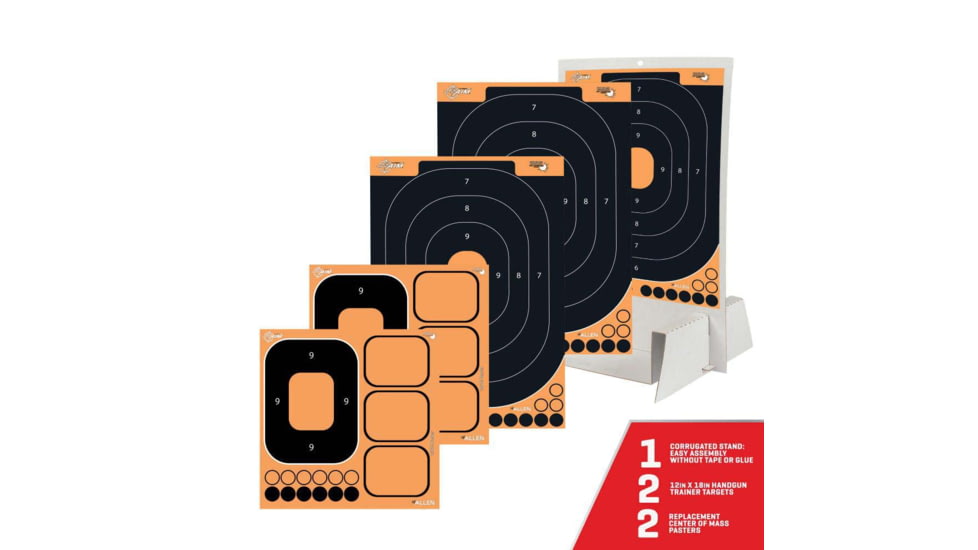 Allen EZ Aim Adhesive Firearm Trainer Kit Paper Targets w/Target Stand, 12 x 18 in, Splash, 2-Targets, Replacement Centers, 10-Ring Replacement Pasters, Black, 15548