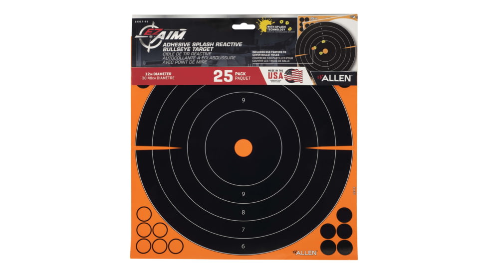 EZ-Aim Allen Splash Reactive Adhesive Paper Bullseye Shooting Targets, 12x12in, 25-Pack, Black/Orange, 15317-25