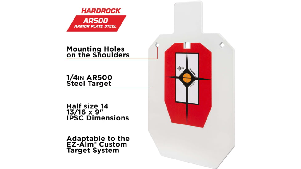 EZ-Aim Hardrock AR500 IPSC Silhouette Shooting Target, White/Red/Black, 14.875 in x 9 in, 15371