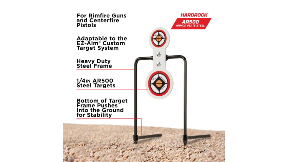 EZ-Aim Hardrock AR500 Round Spinner Targets and Stand, Rimfire Rounds, Centerfire Pistols, White/Red/Black, 7.375W x 21.75H, 15344