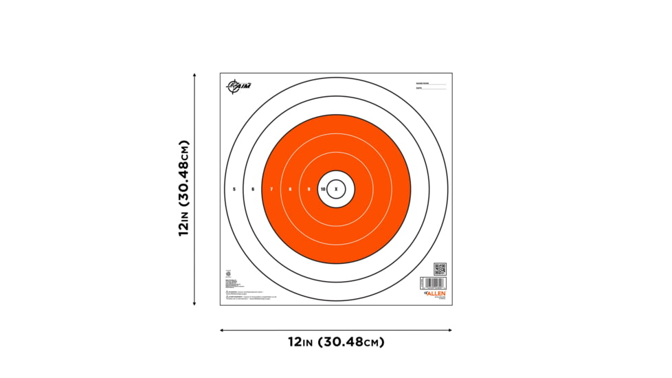 EZ-Aim Paper Shooting Target, Bullseye, 12in Square, Orange/White, 15496