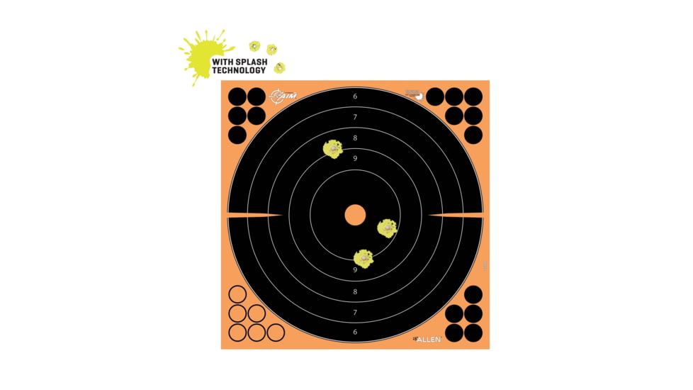 EZ-Aim Splash Reactive Adhesive Paper Shooting Targets, Bullseye, 12in Square, 3-Targets Per Pack, Black/Orange, 15580