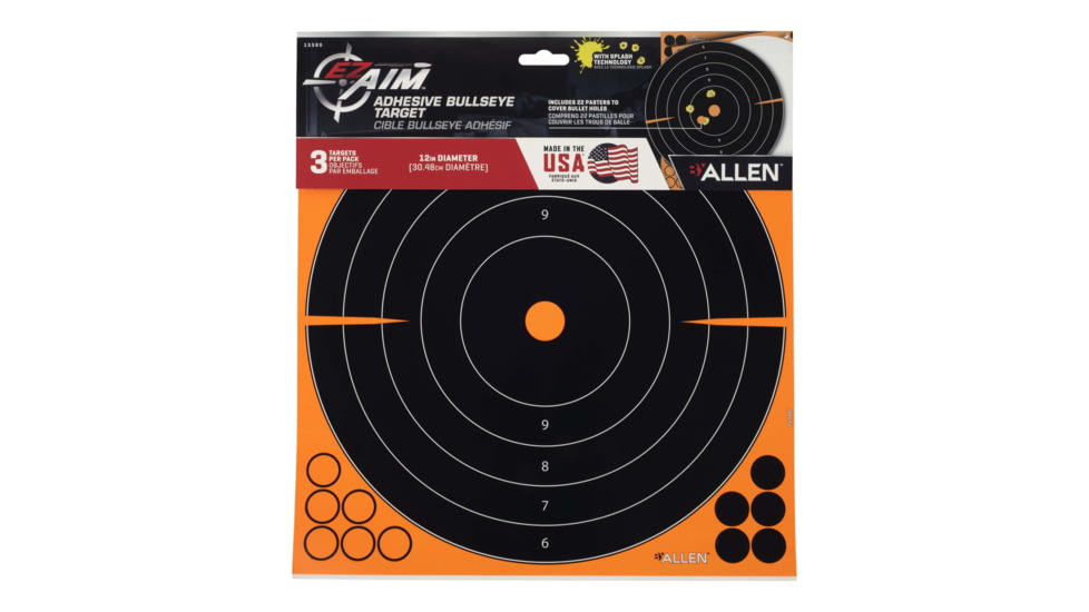 EZ-Aim Splash Reactive Adhesive Paper Shooting Targets, Bullseye, 12in Square, 3-Targets Per Pack, Black/Orange, 15580