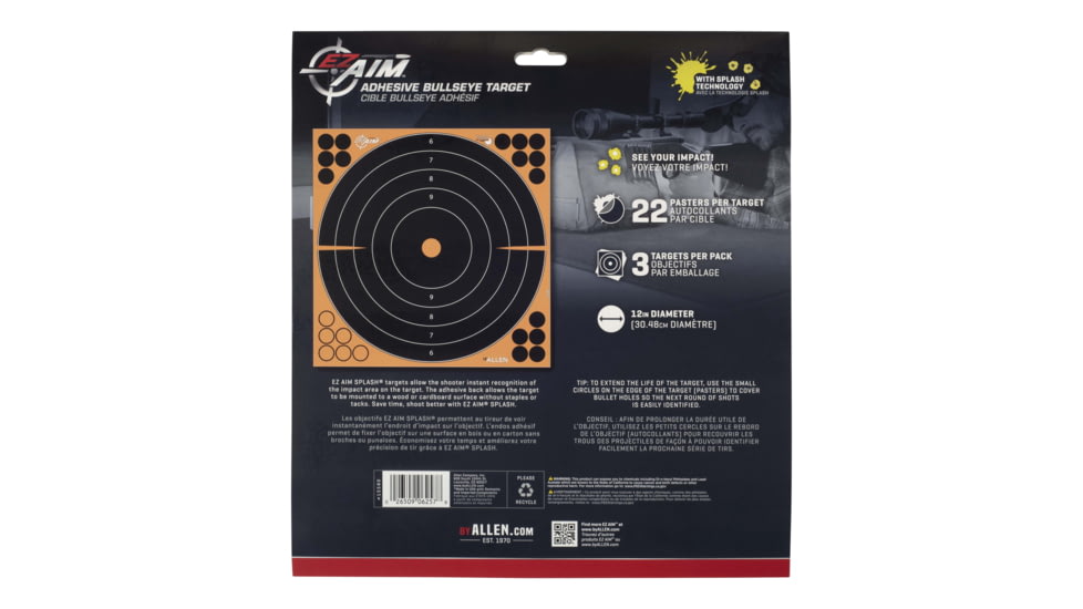 EZ-Aim Splash Reactive Adhesive Paper Shooting Targets, Bullseye, 12in Square, 3-Targets Per Pack, Black/Orange, 15580