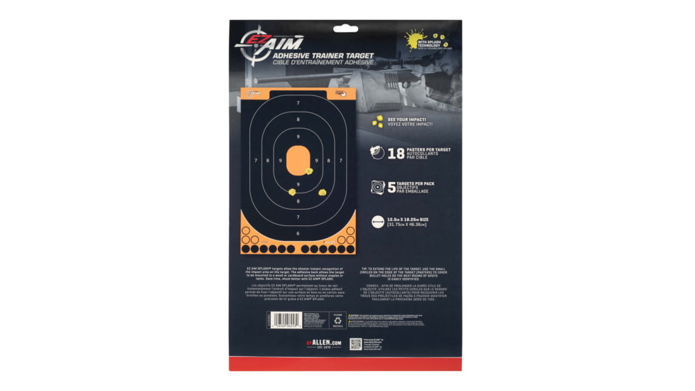 EZ-Aim Splash Reactive Adhesive Paper Shooting Targets, Handgun Trainer, 12.5inW x 18.25inH, 5-Targets Per Pack, Black/Orange, 15501