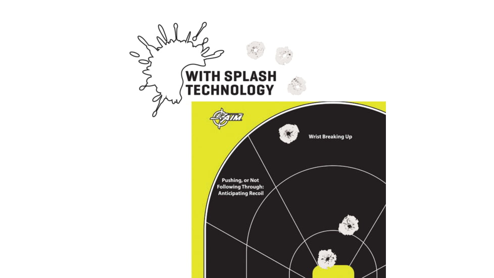 EZ-Aim Splash Reactive Paper Shooting Targets, Handgun Trainer, Peel Away Target Pad, 12.5inW x 18.25inH, 30-Pack, Black/Chartreuse, 15220-30
