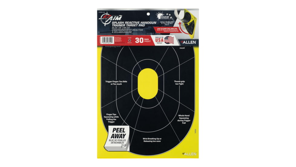 EZ-Aim Splash Reactive Paper Shooting Targets, Handgun Trainer, Peel Away Target Pad, 12.5inW x 18.25inH, 30-Pack, Black/Chartreuse, 15220-30