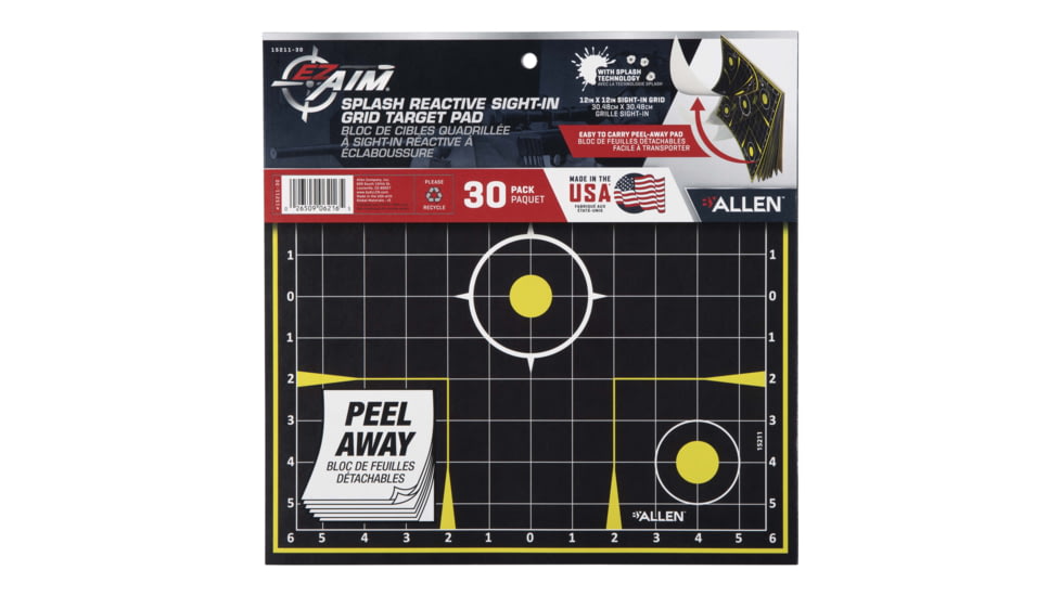 EZ-Aim Splash Reactive Paper Shooting Targets, Sight-In Grid, Peel Away Target Pad, 12.5in Square, 30-Pack, Black/Chartreuse, 15211-30