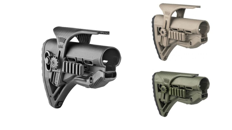 FAB Defense GL-Shock with a GSPC Cheek Riser and GSPCP Picatinny Rail Adaptor, Black, Flat Dark Earth, OD Green