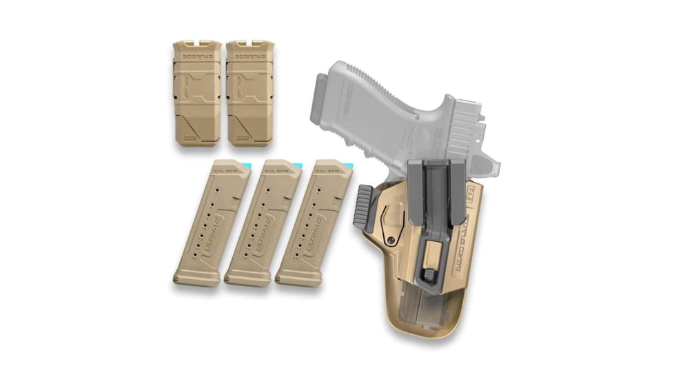 FAB Defense Polymer IWB Hoster Kit, Glock 17, Right Hand, Flat Dark Earth, 18 Round Pistol Magazine, fx-glock17kitt
