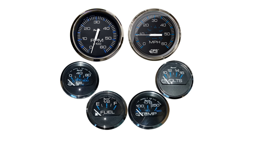 Faria Beede Instruments Box Set of 6 Gauges - Speed, Tach, Fuel Level, Voltmeter, Water, Temp &amp; Oil PSI - Chesapeake Black w/Stainless Steel Bezel 74919