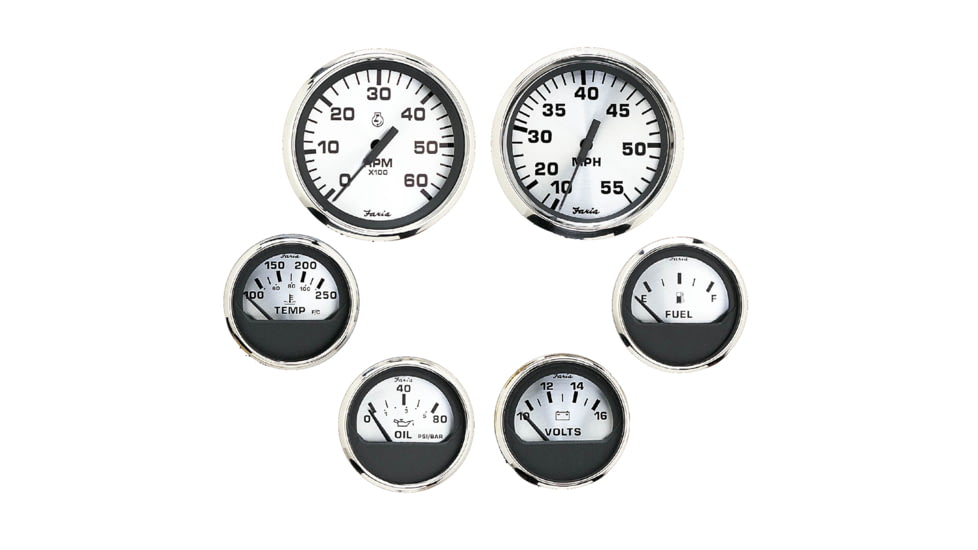 Faria Beede Instruments Spun Silver Box Set of 6 Gauges f/ Inboard Engines - Speed, Tach, Voltmeter, Fuel Level, Water Temperature &amp; Oil 74666