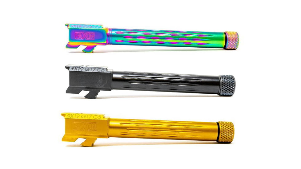 Faxon Firearms Match Series Flame Fluting Glock Gen 5 9mm Threaded Pistol Barrel, Black, Chameleon, TiN