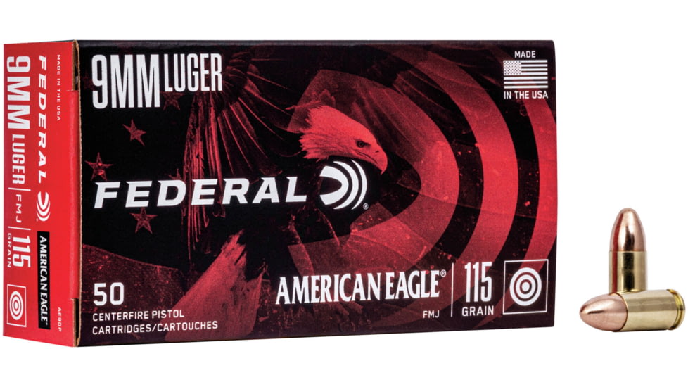 Federal AE 9mm Luger 115 Grain FMJ Brass Cased Centerfire Pistol Ammo, 50 Rounds, FEDEAE9DP